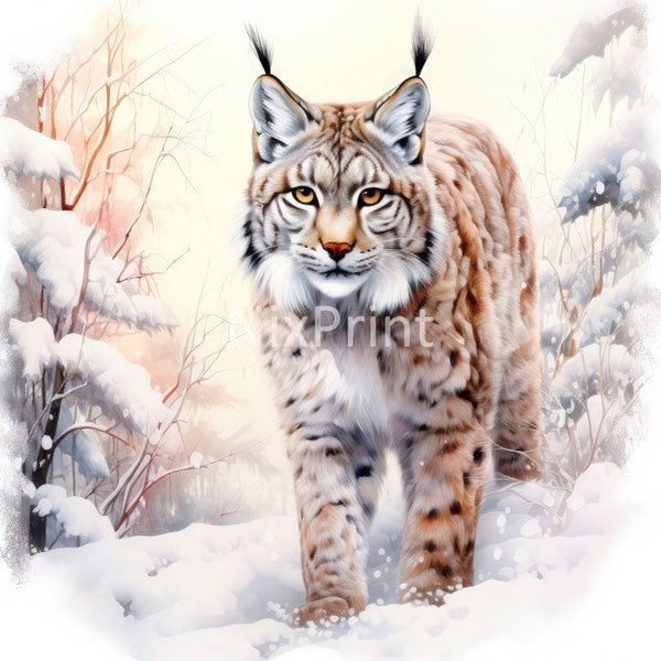 Lynx in Snowy Forest Clipart, Large Snowdrifts Scrapbooking Clipart, Print For Onsie, Clip Art For Jewelry