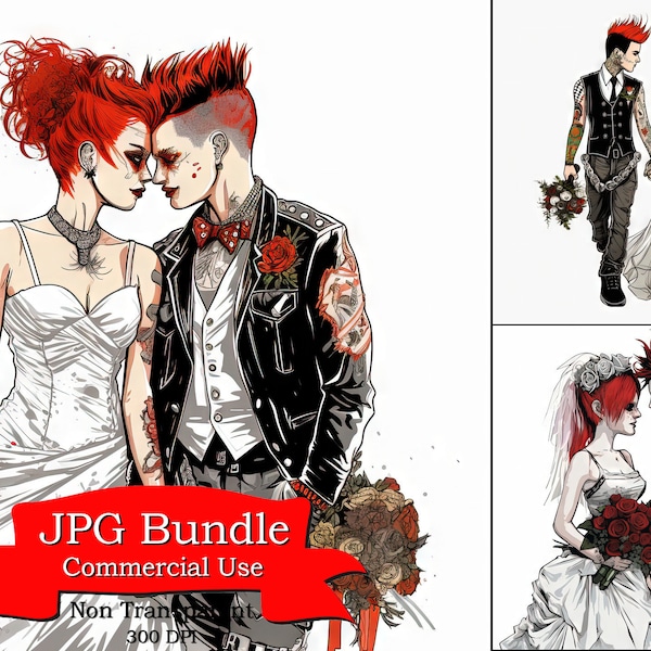 Wedding Punk Art Clipart, Romance and Rebellion in Clipart, Digital Paper Crafting, Digital Planner, Apparel, Commercial Use,300 DPI