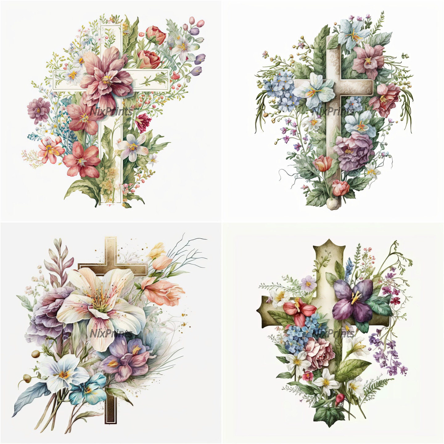 Floral Easter Cross Clipart Beautiful Spring Flowers Etsy