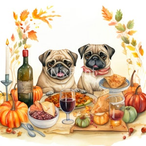 Clipart de pug, clipart de cachorro, clipart de ação de graças, clipart de cenas de jantar em família, arte de parede para spa, pôster para quarto de meninas