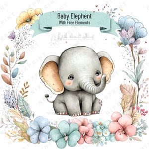 Elephant Clip Art Bundle Cute, Baby elefanti con elementi,Acquerello Digital Project, Clipart PNG, Pacchetto clip art elefante, File digitali.