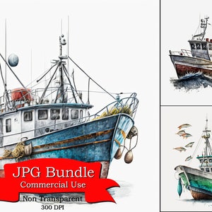 Clipart de bateau de pêche classique : Format JPG, fond non transparent, idéal pour les projets sur le thème nautique et les conceptions de bord de mer, utilisation commerciale