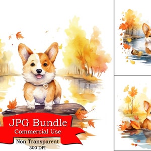 Cute Corgi Clipart Autumn River Fall Season Watercolor Clipart, Poster For Graphic Design, Picture For Bar Area, Dog Clipart