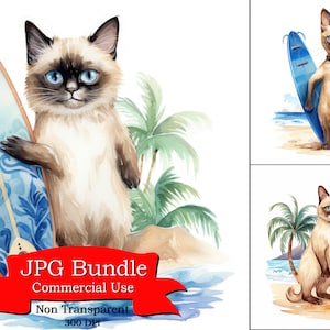 Clipart di gatto siamese, gatto di Natale, in abito da bagnino, con in mano una clipart di tavola da surf, immagine per stanze, design per una cartolina,