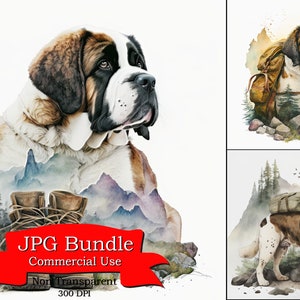 Saint Bernard Wilderness Exploration: Camping, Backpacken, Wild West, Spring Nature, Aquarel Clipart, Gentle Giant Adventure, 300 dpi