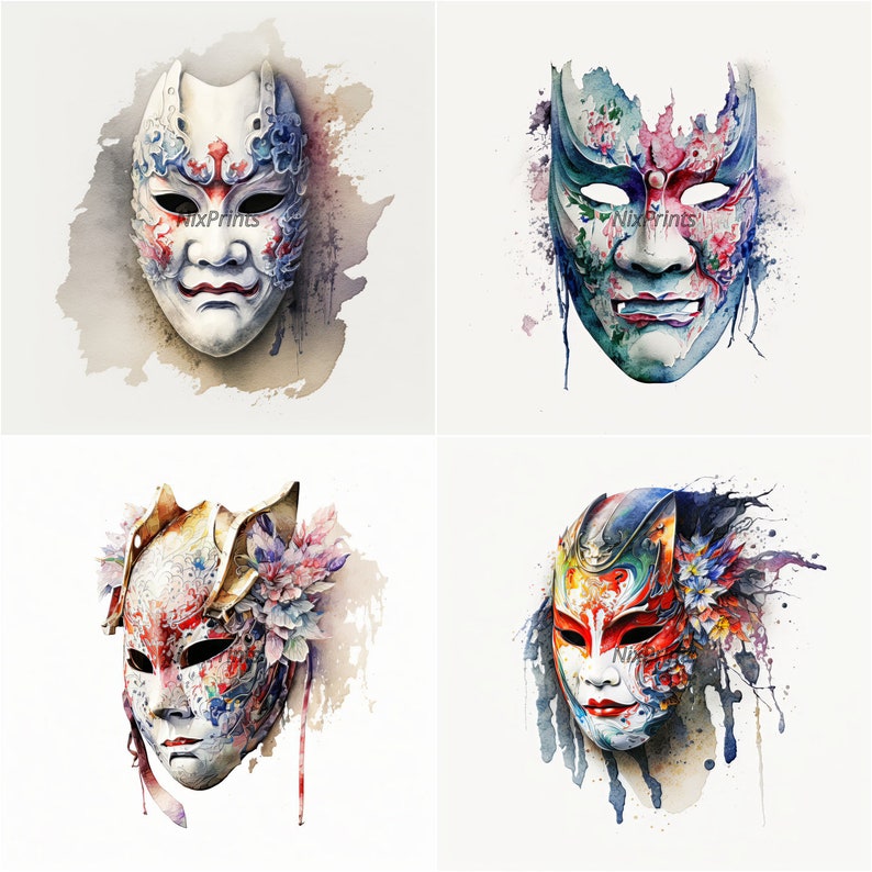 Traditional Japanese Mask Watercolor Clipartcultural Art Etsy