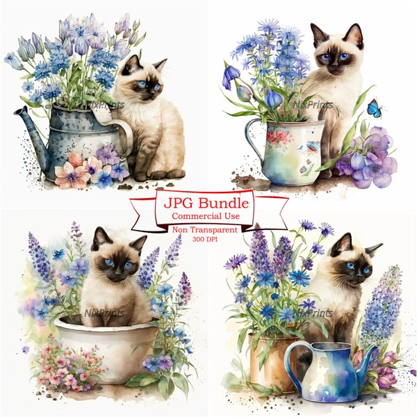 Siamese Kitten Cat Clipart Set - High Quality Digital Image Downloads for Commercial Use - Spring Flowers and Gardening Theme