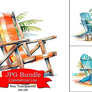 Clipart z tropikalnym krzesłem plażowym, akwarela sublimacyjna, urocze, format JPG, cyfrowe rękodzieło z papieru, cyfrowy planer, projekty POD, cyfrowe naklejki.
