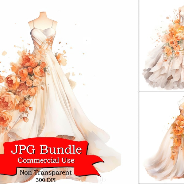 Pastel Orange Wedding Dress Clipart ,Bridal Elegance,Digital Paper Crafting, Digital Planner, POD Designs Bundle, Commercial Use,300 DPI.