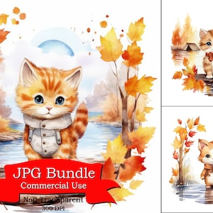 Kätzchen Herbst Flussüberquerung Clipart, Clipart für Raum, Kunst für große Wand, Wandkunst für Herrenzimmer, Kunst für Studium
