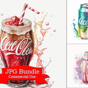 Soda Clipart: Watercolor Refreshing Beverage Clipart, Non-Transparent Background, Perfect for Thirst-Quenching Creative Projects