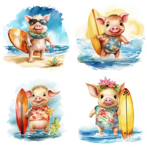 Piglet Life Guard Pig Clipart, Surfing Clipart, Lifeguard Clipart, Holding a Surfboard ...