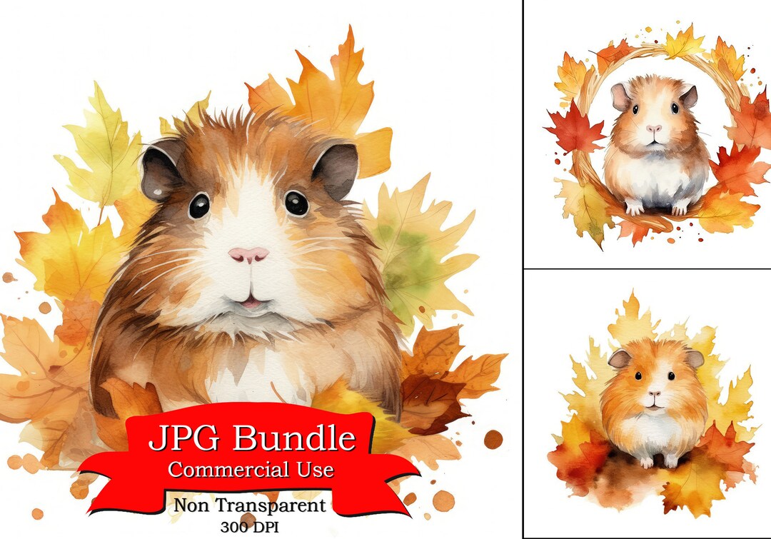 Image showcasing Guinea Pig Fall Foliage Clipart, Wall Art for Mens Office, Watercolor ...