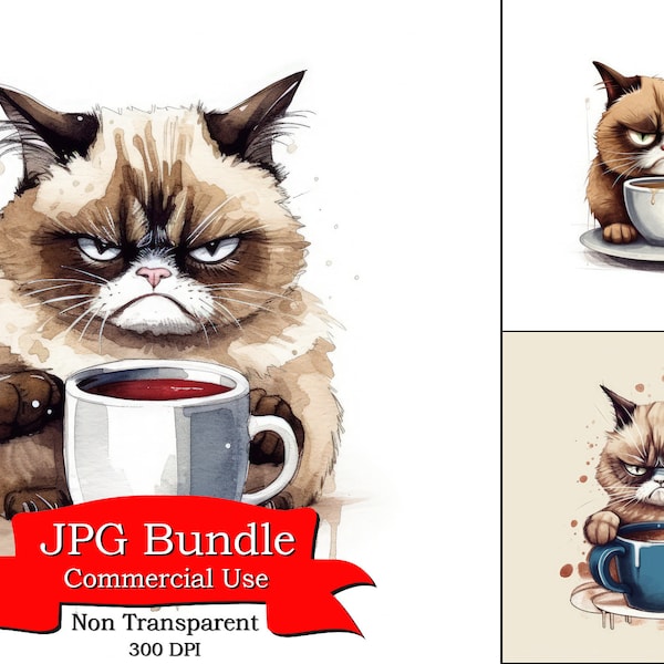 Grumpy Cat Clipart, Drinking Coffee Clipart, Art For Nursery, Picture For Bar Area, Digital Sticker For Clothes, Print For Decor, Jpg Art