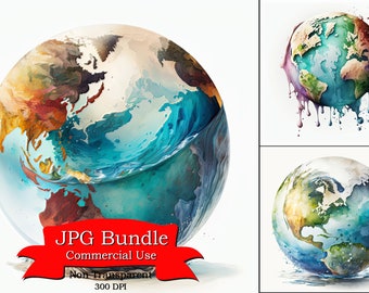 Exquisite Watercolor Globe Clipart, World Map Clipart, 300 DPI, Non-transparent Background, Digital Download, Commercial Use