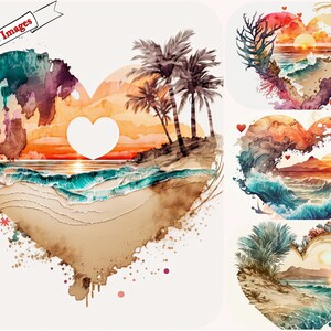 Clipart de aquarela de coração de praia: adicione um toque de paraíso, clipart de aquarela de coração de pôr do sol tropical, formato jpg, download instantâneo, 300 dpi