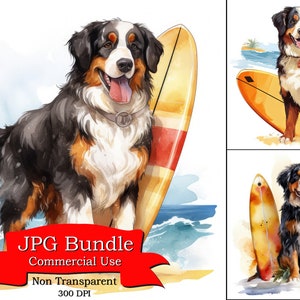 Süßer Berner Sennenhund im Rettungsschwimmer-Outfit, Surfbrett haltend, Clip Art für T-Shirt, Print für Shirt, digitaler Aufkleber für Motorräder