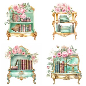 Bookcase Clipart, Mint Color Books on a Small Gold Bookcase With Pink ...