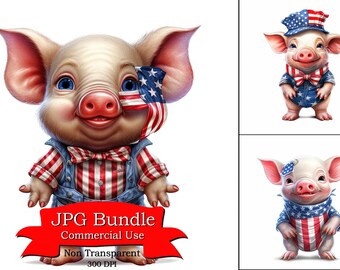 Patriot Baby Pig Clipart, Independence Day Celebration, Digital Paper Crafting, POD Designs Bundle, Clipart For Digital Stickers.