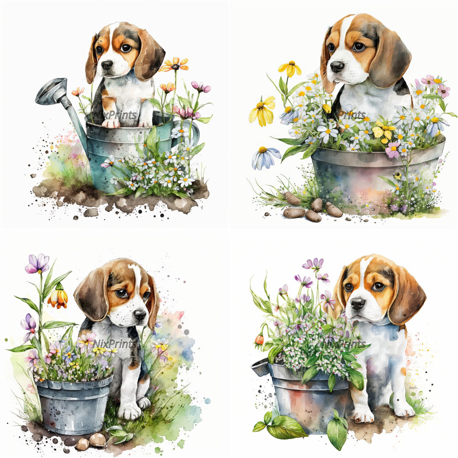 Beagle Puppy Clipart Set, Spring Flowers and Gardening Theme, Digital ...