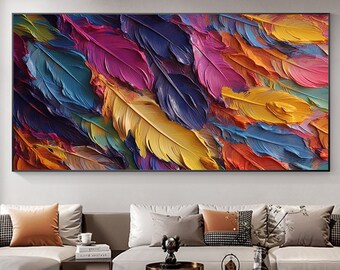 Original Colorful Feather Oil Painting on Canvas, Abstract Modern Art, Living room Wall Decor, Large Textured Wall Art, Custom Gift Painting