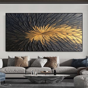 Abstract Feather Oil Painting on Canvas, Original Modern Wall Art, Gold Black Painting, Living Room Wall Decor, Custom Textured Painting
