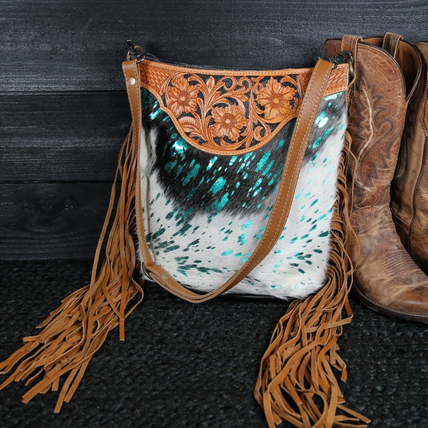 Western Crossbody Purse | HairOn Cowhide Leather w/ Turquoise Foil Detail | Hand-Tooled Leather Detail | Fringe Shoulder Bag | FREE SHIPPING