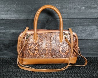 HAND-TOOLED Leather Handbag Purse | Western Style Bag | Leather Shoulder Bag | Leather Satchel | Brown Leather