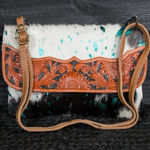 Hand Tooled Leather Crossbody Bag: Turquoise Foil & Hair On Hide