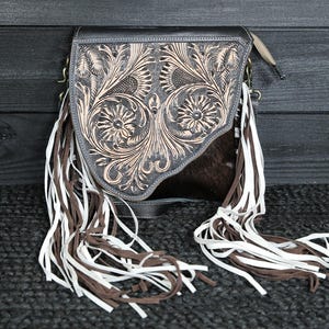 Hand-Tooled Cowhide Crossbody Bag: Western Fringe Tassel Purse