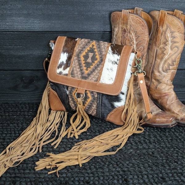 NEW Leather Cowhide Shoulder Bag | Crossbody Bag | Fringe Purse | Woman's Western Purse | Upcycled Bag