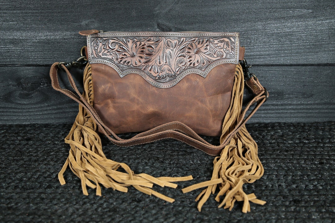 Hand Tooled Leather Crossbody Purse Western Leather Bag Western Fringe
