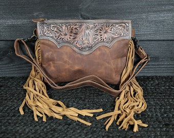 Hand Tooled Leather Crossbody Purse | Western Leather Bag | Western Fringe Purse | Brown Leather Shoulder Bag Purse