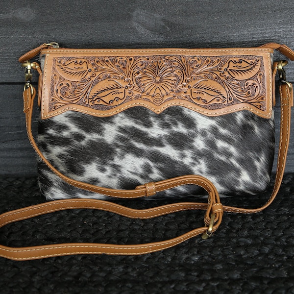 Leather Hand-Tooled Cowhide Crossbody Purse Western Boho Style Small Crossbody Bag Small Shoulder Purse Real Leather Crossbody Rodeo Style