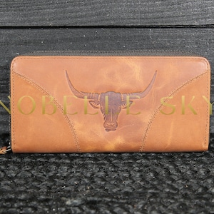 Cartera de cuero con cremallera Cartera de cuero estilo western Cartera de cuero hecha a mano Cartera de cuero con cremallera Lone Steer Skull Cartera de cuero marrón ENVÍO GRATIS