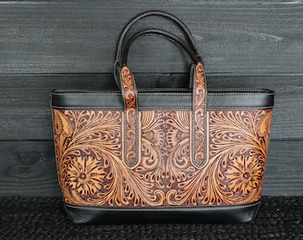 HAND-TOOLED Leather Handbag Purse | Western Style Bag | Leather Shoulder Bag | Leather Satchel | Western Style Tote | Hand Tooled Tote Bag