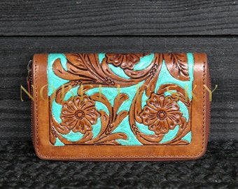 Leather Zip Wallet | Western Leather Clutch | Hand-Tooled Leather Detail