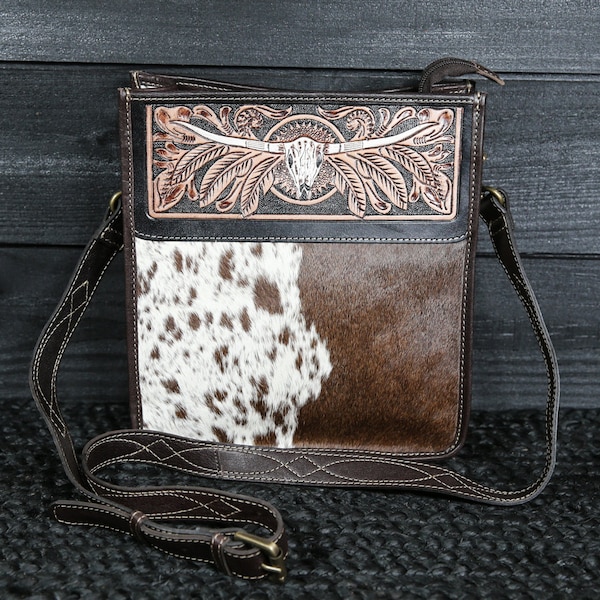 HANDTOOLED Steer Skull Leather with Cowhide | Western Crossbody Purse | Western Leather Shoulder Bag | Detailed Stitching on Leather Strap