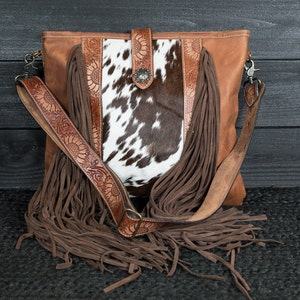 Leather Cowhide Purse with Fringe | Large Tote with Sunflower Tooled Strap | Western Leather Handbag | Crossbody Shoulder | FREE SHIPPING