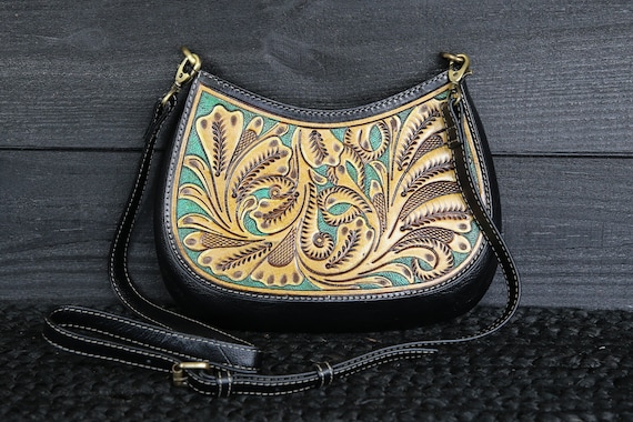 HAND TOOLED Leather Bag Green Turquoise Western Crossbody Bag Luxury Leather Purse Upscale Leather Handbag Hand Tooled Detail Brown Leather Etsy Canada
