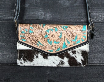Western Style Small Crossbody Purse Hand Tooled Cowhide Clutch Western Wallet Small Crossbody Bag Western Hand-Tooled Leather Shoulder Bag