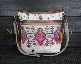 Hair-On Cowhide Bag | Western Boho Crossbody | Shoulder Purse | Aztec Print Design | Gray Canvas