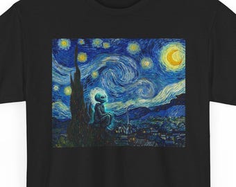 Starry Night Alien T-shirt grappig T-shirt met ufo-kunstparodie