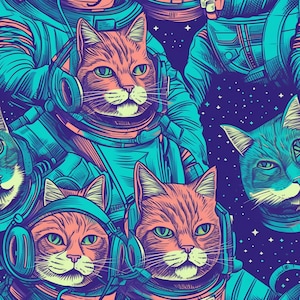 May include: A seamless pattern featuring a repeating design of cats wearing astronaut helmets and space suits against a dark blue background with white stars. The cats are drawn in a retro style with bright colors and bold lines.