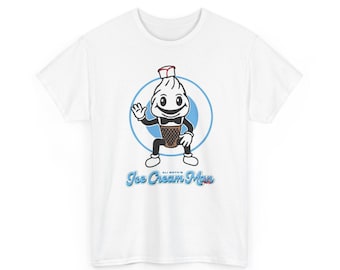T-shirt met de mascotte van de horrorfilm Ice Cream Man en de titel erop, gemaakt door Gildan 5000 Heavy Cotton, geschikt voor horrorfans.