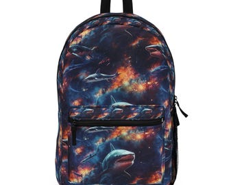 Sharks in Space All Over Print Backpack, Unique School Bag, Cool Travel Backpack, Fun Space-Themed Bag