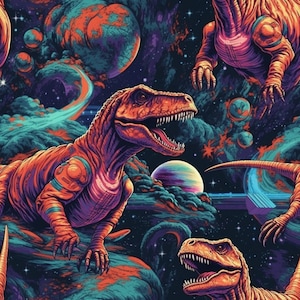 Könnte beinhalten: Ein farbenfroher Stoff mit Weltraumthema, der drei Dinosaurier in einer Galaxienlandschaft zeigt. Die Dinosaurier sind orange, rosa und lila mit einer strukturierten, schuppigen Oberfläche. Der Hintergrund ist dunkelblau mit wirbelnden Wolken in Rosa, Lila und Orange.
