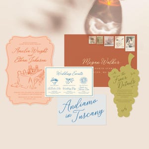 May include: A wedding invitation suite with a peach and blue color scheme. The invitation features a hand-drawn illustration of a table setting with a floral centerpiece. The RSVP card features a grapevine design with the text "The Finer Details". The invitation text reads "Amelia Wright and Ethan Johnson".