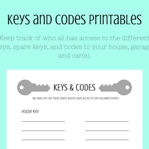 Peut inclure: Formulaire imprimable avec une icône de clé et le texte "KEYS & CODES". Le formulaire est conçu pour garder une trace de qui a accès aux clés, aux clés de secours et aux codes pour une maison, un garage et une voiture.