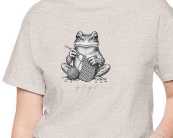 Frog Crocheting Crew Tee | Vintage Frog Crochet Illustration T-Shirt